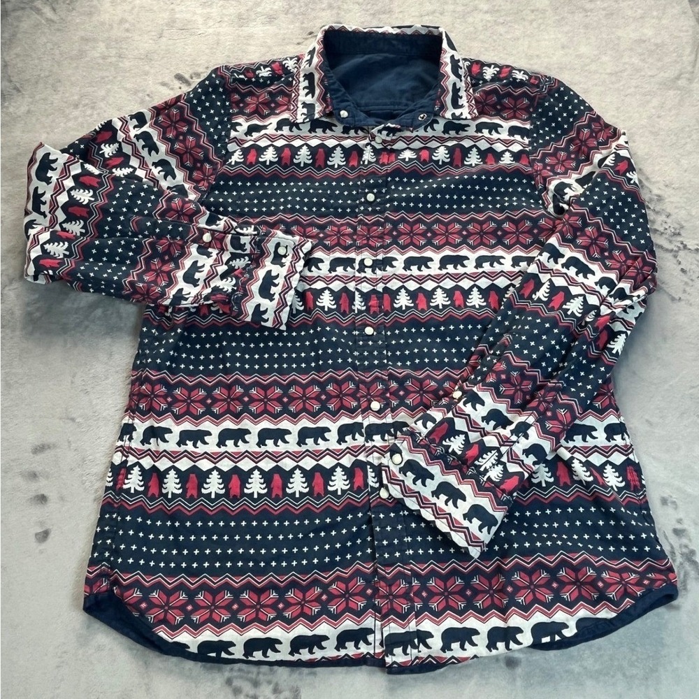 Chubbies Reversible Button Down Shirt Mens Large Navy Fair Isle Bear Holiday L